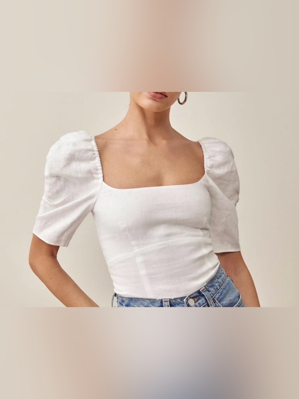 Reformation 12 White Linen Puff Sleeve Top Blouse Smocked Back Women